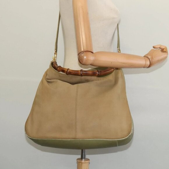 GUCCI Bamboo 2Way Shoulder Bag Suede Beige Gold - Picture 1 of 16